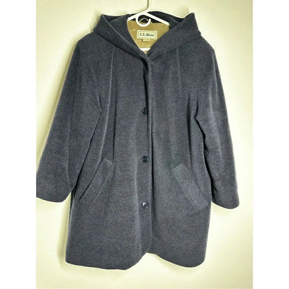 LL Bean Women's Hooded Navy Blue Coat Wool Blend Button Sz L